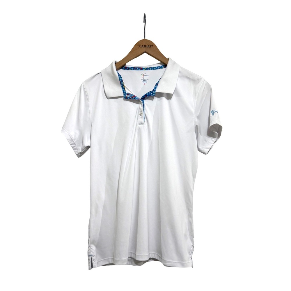 LPGA Collection Womens White Short Sleeve Golf Polo Shirt Floral Trim Large